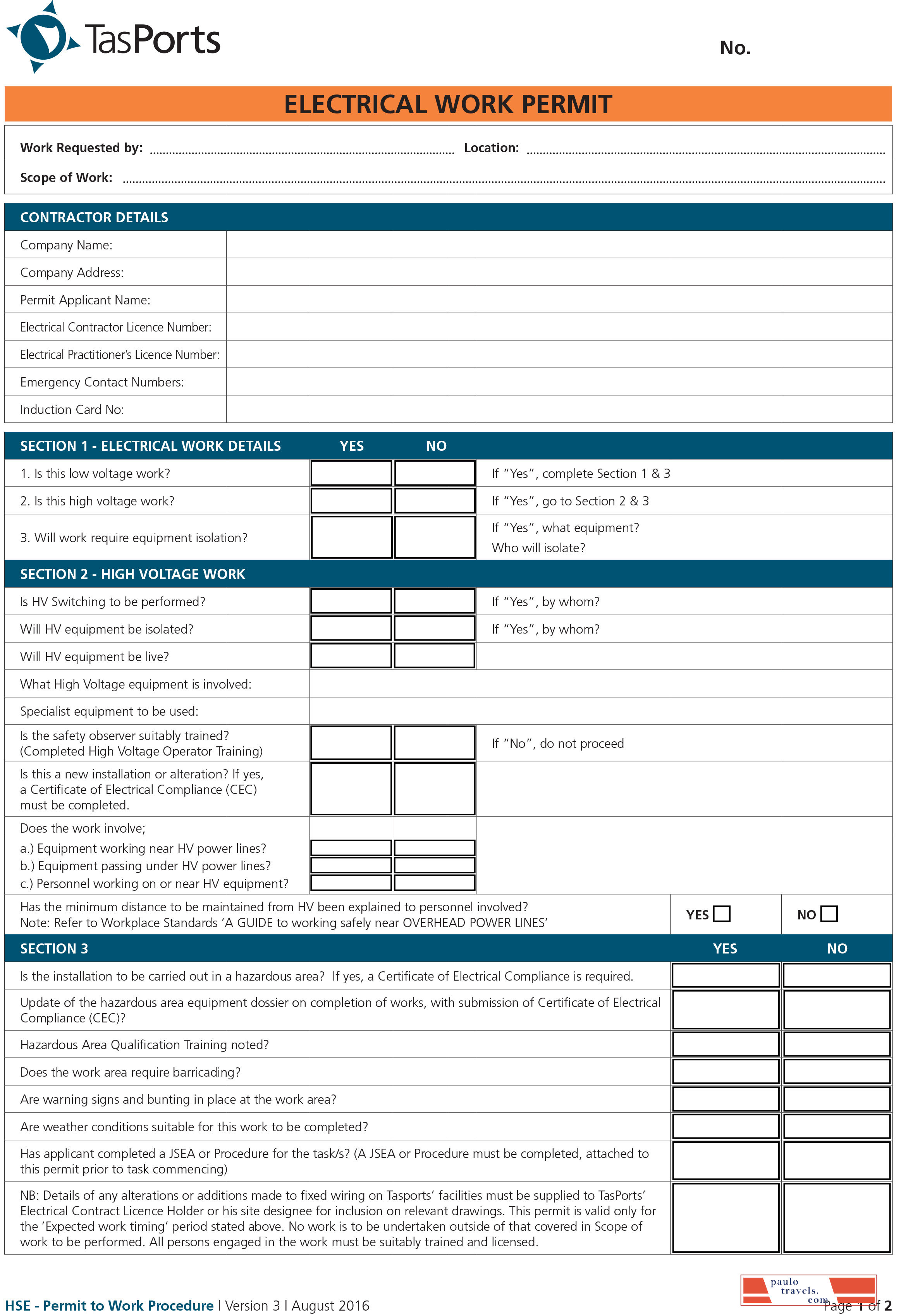 TasPorts electrical work permit